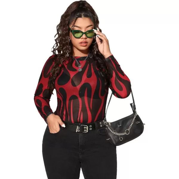 Floerns Women's Plus Size Leopard Print Mock Neck Mesh Long Sleeve Tee Shirt Top