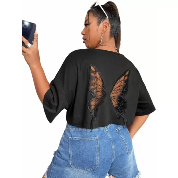 Floerns Women's Plus Size Mesh Butterfly Embroidered Short Sleeve Relaxed Crop Top