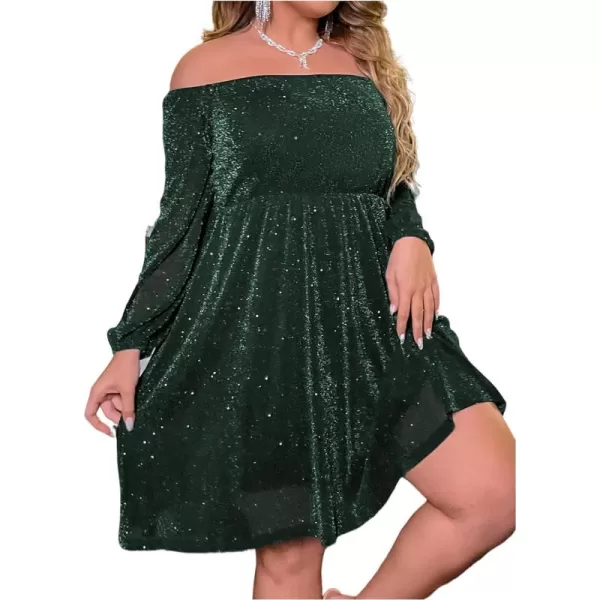 Floerns Women's Plus Size Off Shoulder Long Sleeve Glitter Party A Line Dress
