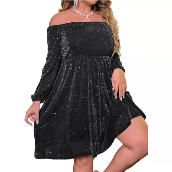 Floerns Women's Plus Size Off Shoulder Long Sleeve Glitter Party A Line Dress