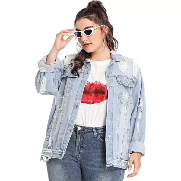 Floerns Women's Plus Size Ripped Distressed Long Sleeve Denim Jacket