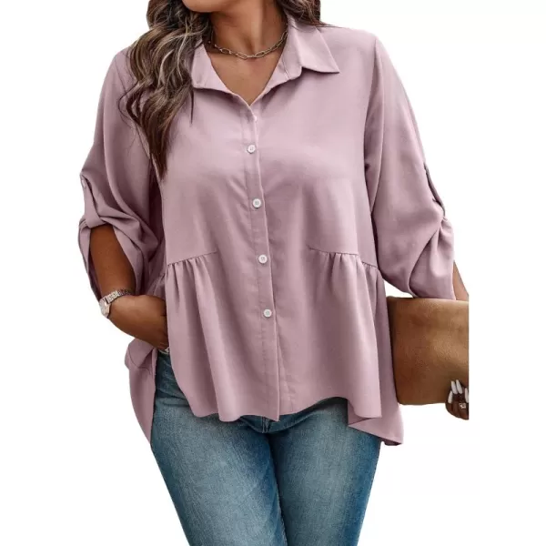 Floerns Women's Plus Size Roll Up Long Sleeve Button Front Ruffle Hem Shirt Top