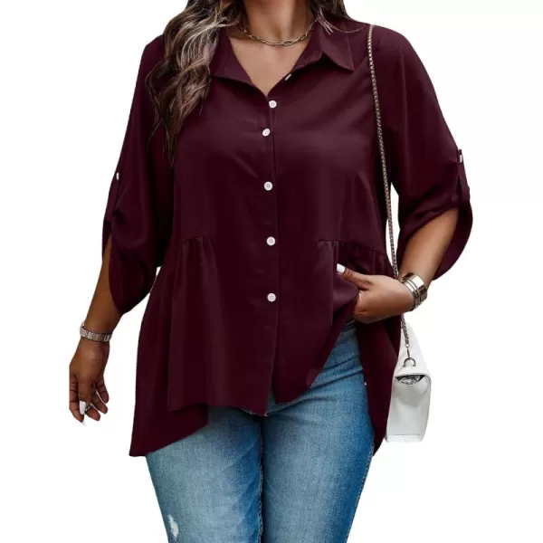 Floerns Women's Plus Size Roll Up Long Sleeve Button Front Ruffle Hem Shirt Top