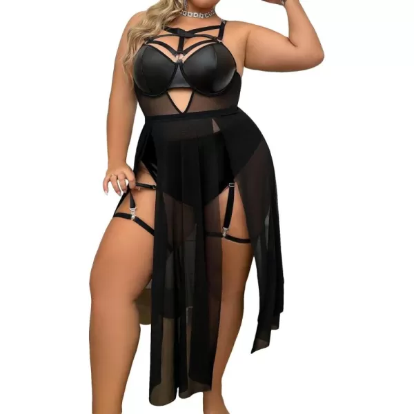 Floerns Women's Plus Size Sexy Lace Sleeveless Split Long Mesh Lingerie Dress