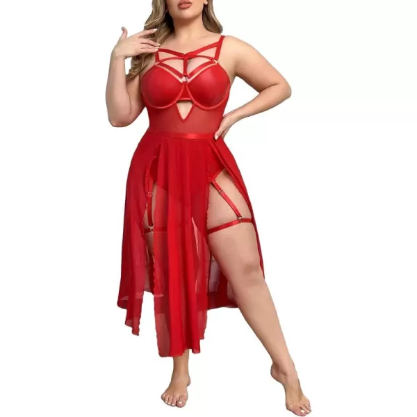 Floerns Women's Plus Size Sexy Lace Sleeveless Split Long Mesh Lingerie Dress