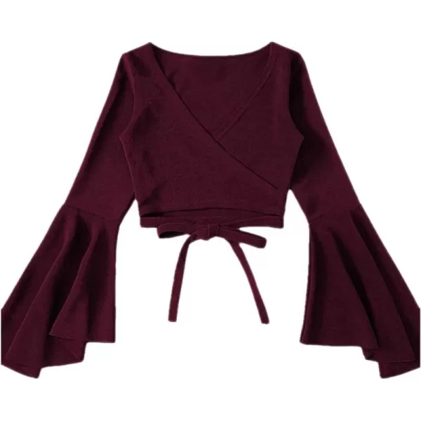 Floerns Women's Plus Size V Neck Flounce Sleeve Tie Front Wrap Blouse Top