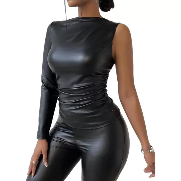 Floerns Women's Pu Leather Long Sleeve One Shoulder Ruched Side Tee Shirt Top