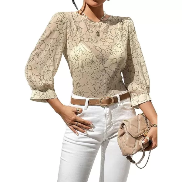 Floerns Women's Puff 3/4 Sleeve Sheer Mesh Round Neck Allover Print Blouse Top