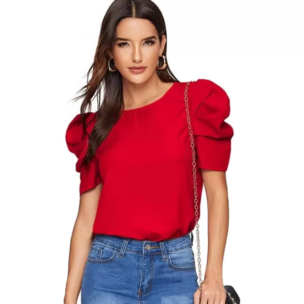 Floerns Women's Round Neck Short Puff Sleeve Keyhole Back Blouse Tops