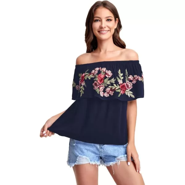 Floerns Women's Ruffle Off Shoulder Rose Embroidery Loose Blouse Top