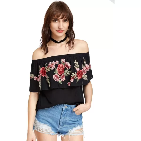 Floerns Women's Ruffle Off Shoulder Rose Embroidery Loose Blouse Top