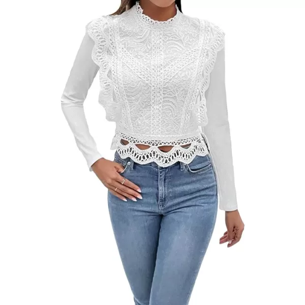 Floerns Women's Ruffle Trim Lace Scalloped Hem Long Sleeve Blouse Tops