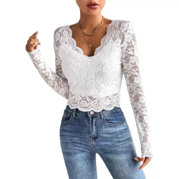 Floerns Women's Ruffle Trim Lace Scalloped Hem Long Sleeve Blouse Tops