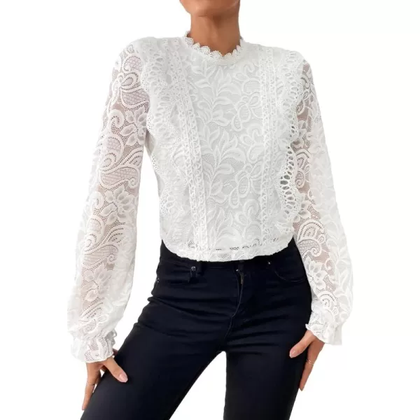 Floerns Women's Ruffle Trim Lace Scalloped Hem Long Sleeve Blouse Tops
