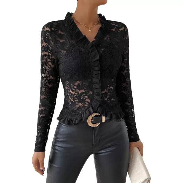 Floerns Women's Ruffle Trim Long Sleeve V Neck Sheer Lace Crop Blouse Top