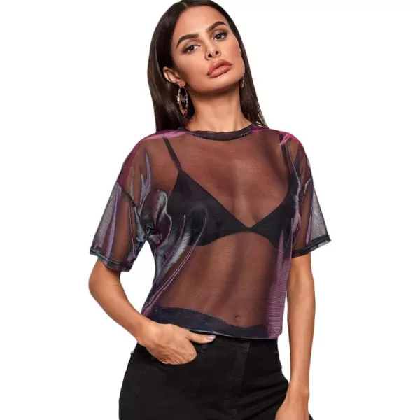 Floerns Women's Short Sleeve See Through Sheer Mesh Tee Shirt Blouse Tops