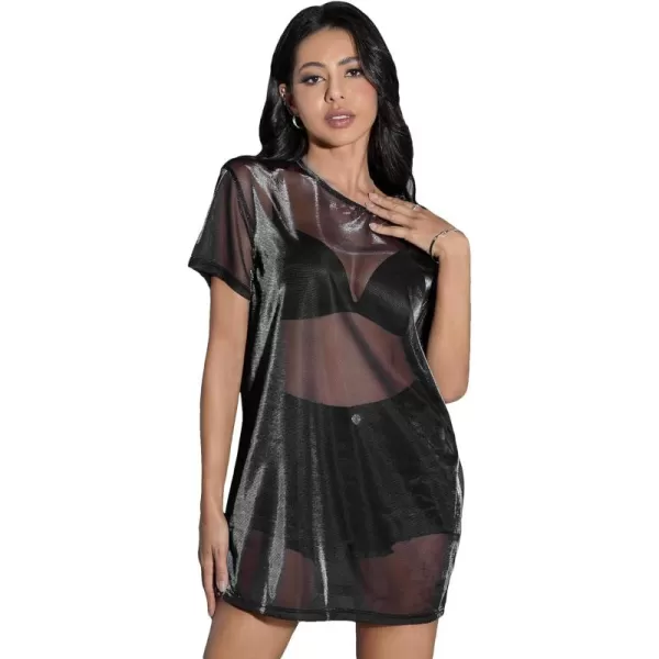 Floerns Women's Short Sleeve See Through Sheer Mesh Tee Shirt Blouse Tops