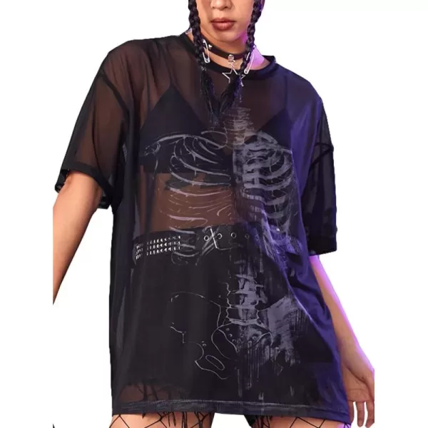 Floerns Women's Short Sleeve See Through Sheer Mesh Tee Shirt Blouse Tops