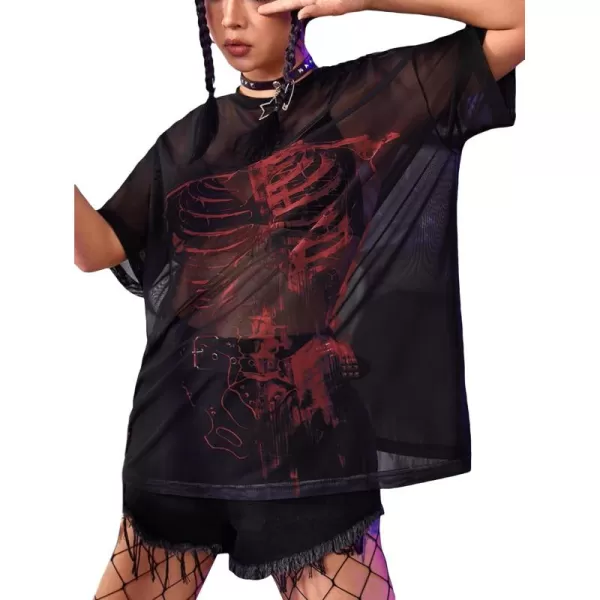 Floerns Women's Short Sleeve See Through Sheer Mesh Tee Shirt Blouse Tops