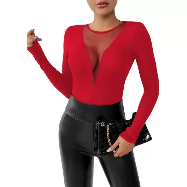 Floerns Women's Slim Fit Sheer Mesh See Through Crew Neck Long Sleeve Solid Top