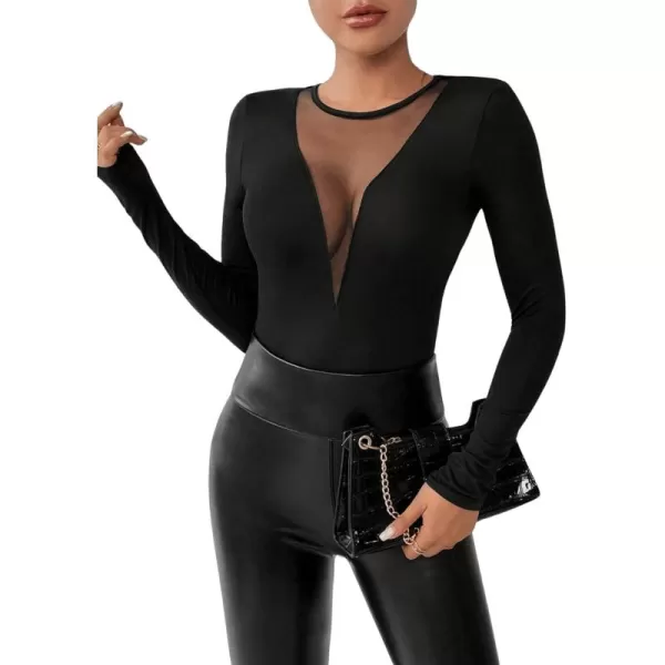 Floerns Women's Slim Fit Sheer Mesh See Through Crew Neck Long Sleeve Solid Top
