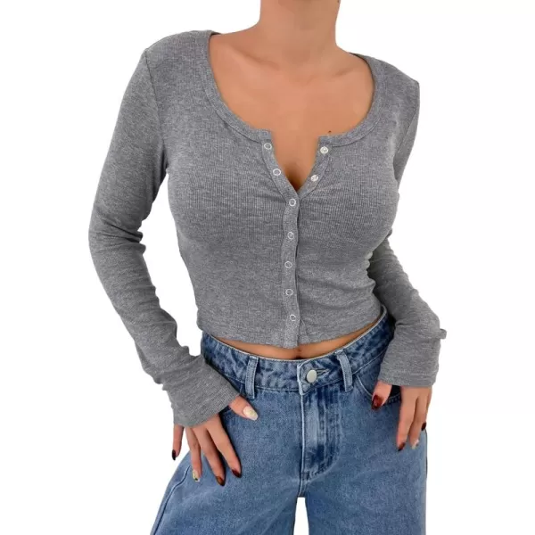 Floerns Women's Solid Long Sleeve Button Front Scoop Neck Crop Top Tee Shirt
