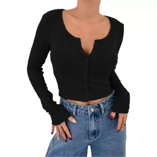 Floerns Women's Solid Long Sleeve Button Front Scoop Neck Crop Top Tee Shirt