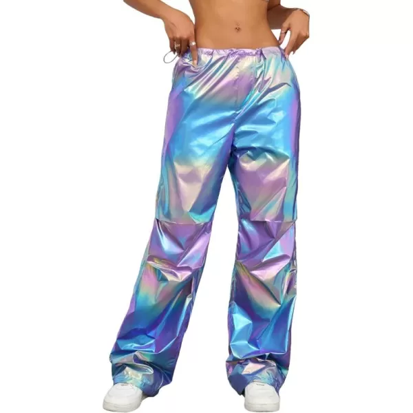 Floerns Women's Sparkly Metallic Drawstrin Waist Parachute Loose Baggy Cargo Pants