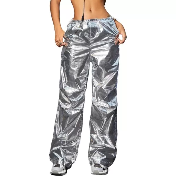 Floerns Women's Sparkly Metallic Drawstrin Waist Parachute Loose Baggy Cargo Pants