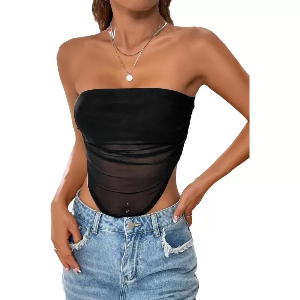 Floerns Women's Strapless Bandeau Ruched Mesh Asymmetrical Hem Crop Tube Top