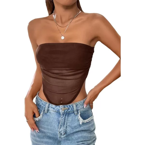 Floerns Women's Strapless Bandeau Ruched Mesh Asymmetrical Hem Crop Tube Top
