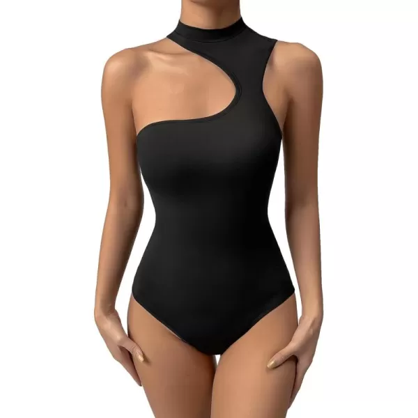 Floerns Women's Stretchy Cut Out Sleeveless Asymmetrical Neck Tank Slim Fit Bodysuit Jumpsuit