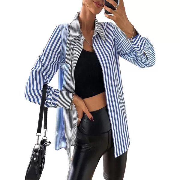 Floerns Women's Striped Print Long Sleeve Lapel Collar Button Down Shirt Blouse