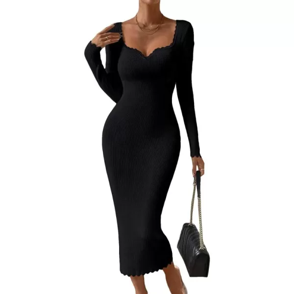 Floerns Women's Sweetheart Neck Rib Knit Long Sleeve Bodycon Long Sweater Dress
