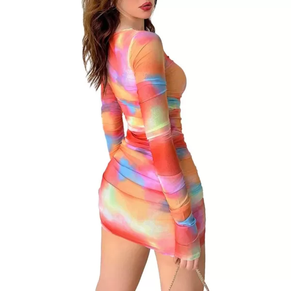 Floerns Women's Tie Dye Long Sleeve Square Neck Ruched Bodycon Mini Dress