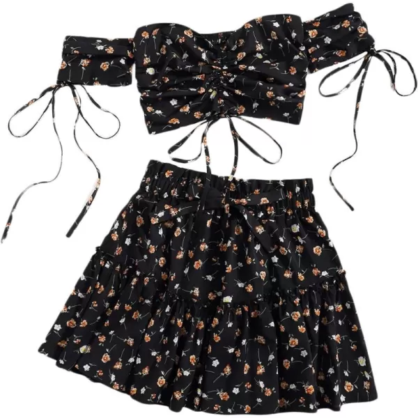 Floerns Women's Two Piece Outfit Floral Off Shoulder Drawstring Crop Top and Skirt Set