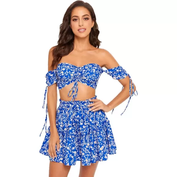 Floerns Women's Two Piece Outfit Floral Off Shoulder Drawstring Crop Top and Skirt Set