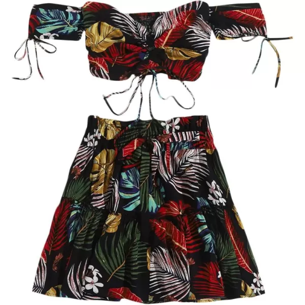 Floerns Women's Two Piece Outfit Floral Off Shoulder Drawstring Crop Top and Skirt Set
