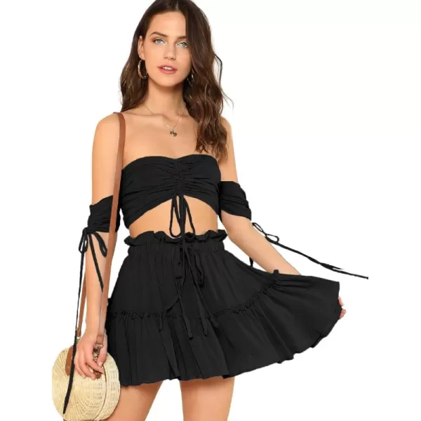 Floerns Women's Two Piece Outfit Off Shoulder Drawstring Crop Top and Skirt Set