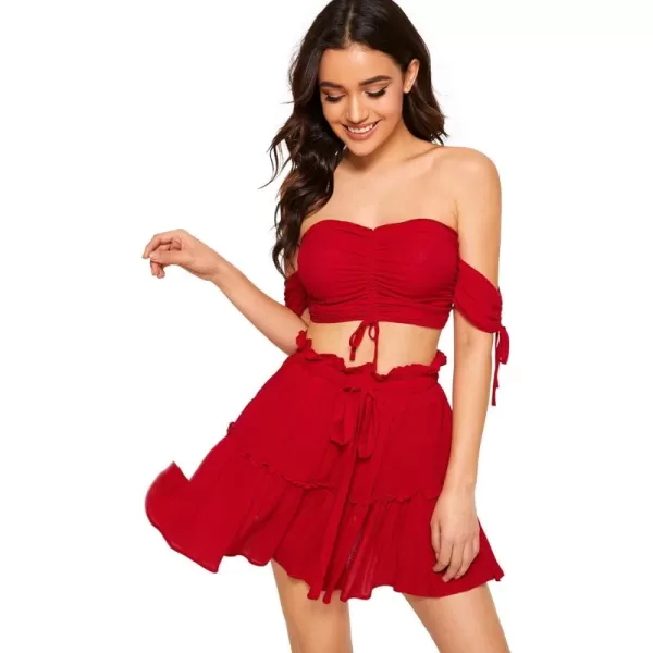 Floerns Women's Two Piece Outfit Off Shoulder Drawstring Crop Top and Skirt Set