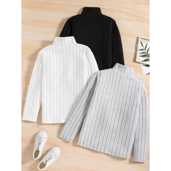 Floerns Boy's 3 Pcs Simple Rib Knit Top Mock Neck Long Sleeve Basic Tee Shirt