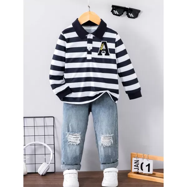 Floerns Boys Striped Print Long Sleeve Collar Neck Letter Embroidery Shirt Top
