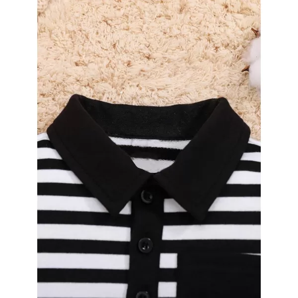 Floerns Boy's Striped Print Long Sleeve Patched Pocket Collar Neck Shirt Top