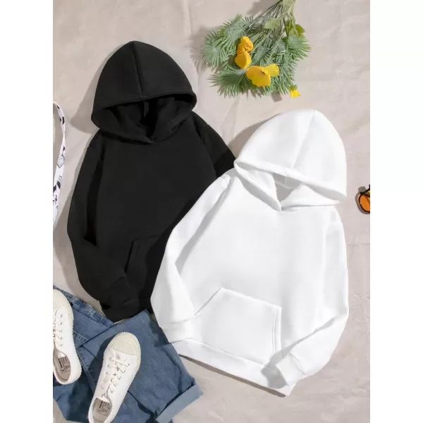 Floerns Girls 2 Pcs Solid Fleece Hoodie Kangaroo Pocket Long Sleeve Sweatshirt
