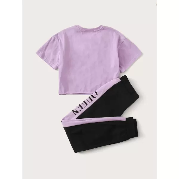 Floerns Girls 2 Piece Letter Graphic Short Sleeve Crop Top and Legging Set