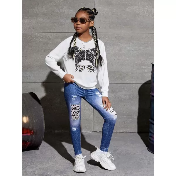 Floerns Girl's 2 Piece Outfit Long Sleeve Sweatshirt with Denim Pants Set