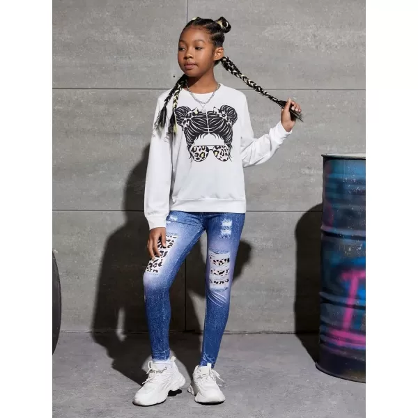 Floerns Girl's 2 Piece Outfit Long Sleeve Sweatshirt with Denim Pants Set