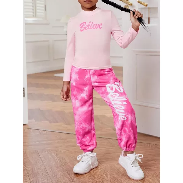 Floerns Girl's 2 Piece Outfit Long Sleeve Tee and Tie Dye Sweatpants Set