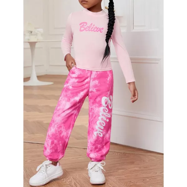 Floerns Girl's 2 Piece Outfit Long Sleeve Tee and Tie Dye Sweatpants Set