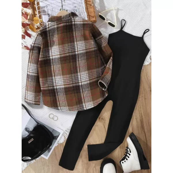 Floerns Girl's 2 Piece Outfit Plaid Print Long Sleeve Shirt with Jumpsuit Set